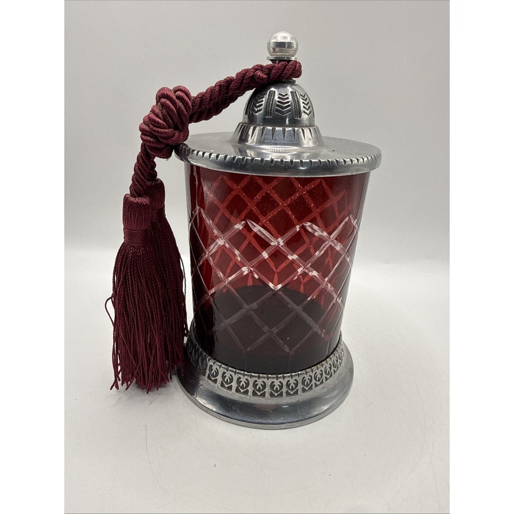 Vintage Hand Cut‎ Crystal Candle Holder with Red Tassel Silver Top And Base